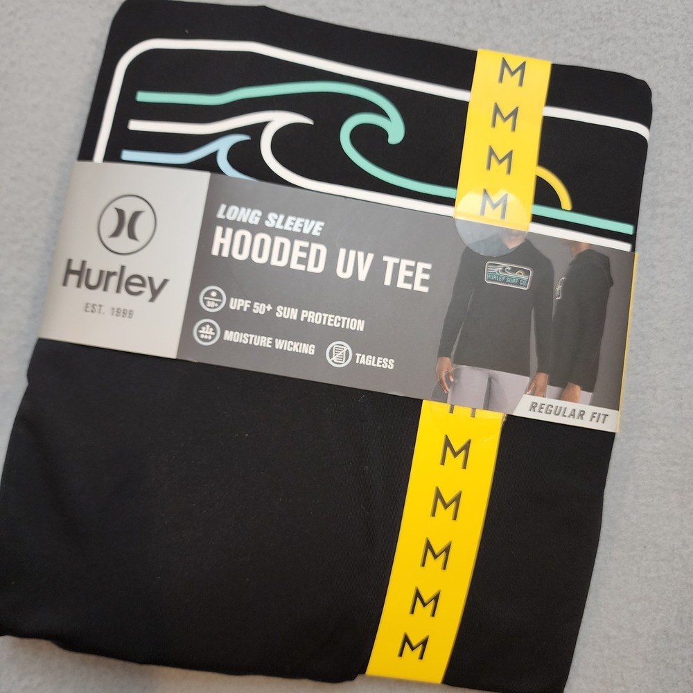 Hurley Mens Medium Hooded UV Sun Shirt UPF 50+ Black Long Sleeve Surf Fishing...